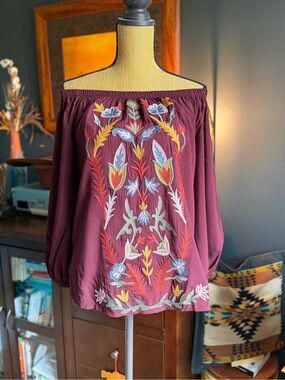 Solitaire Burgundy Off-Shoulder Embroidered Blouse